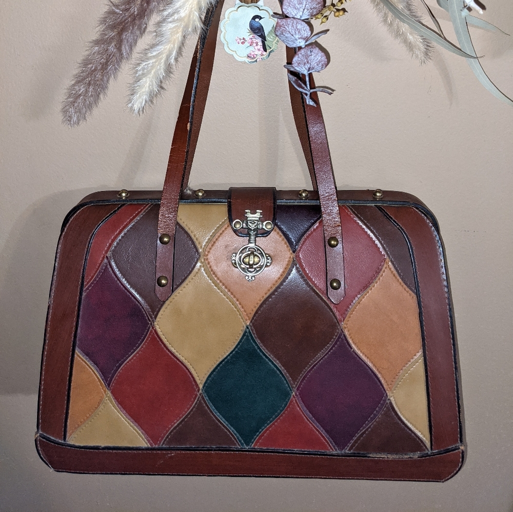 1970's Vintage Leather Patchwork Purse by Burlington. Multicolored Satchel.